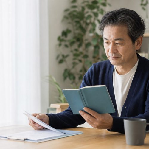 ED治療薬の使用前にお薬手帳と健康状態を確認する中年男性
