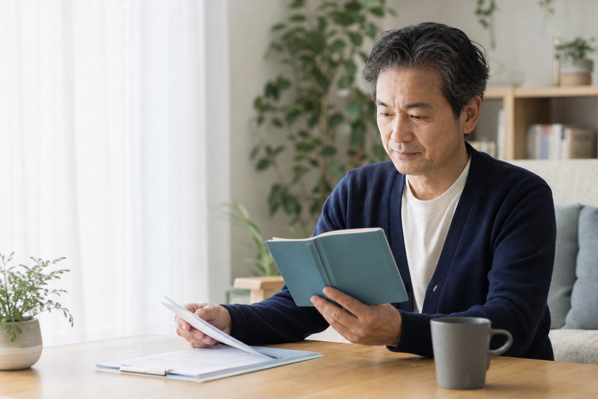 ED治療薬の使用前にお薬手帳と健康状態を確認する中年男性