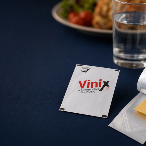 VINIXフィルムと食事・時計を並べた服用条件の確認イメージ