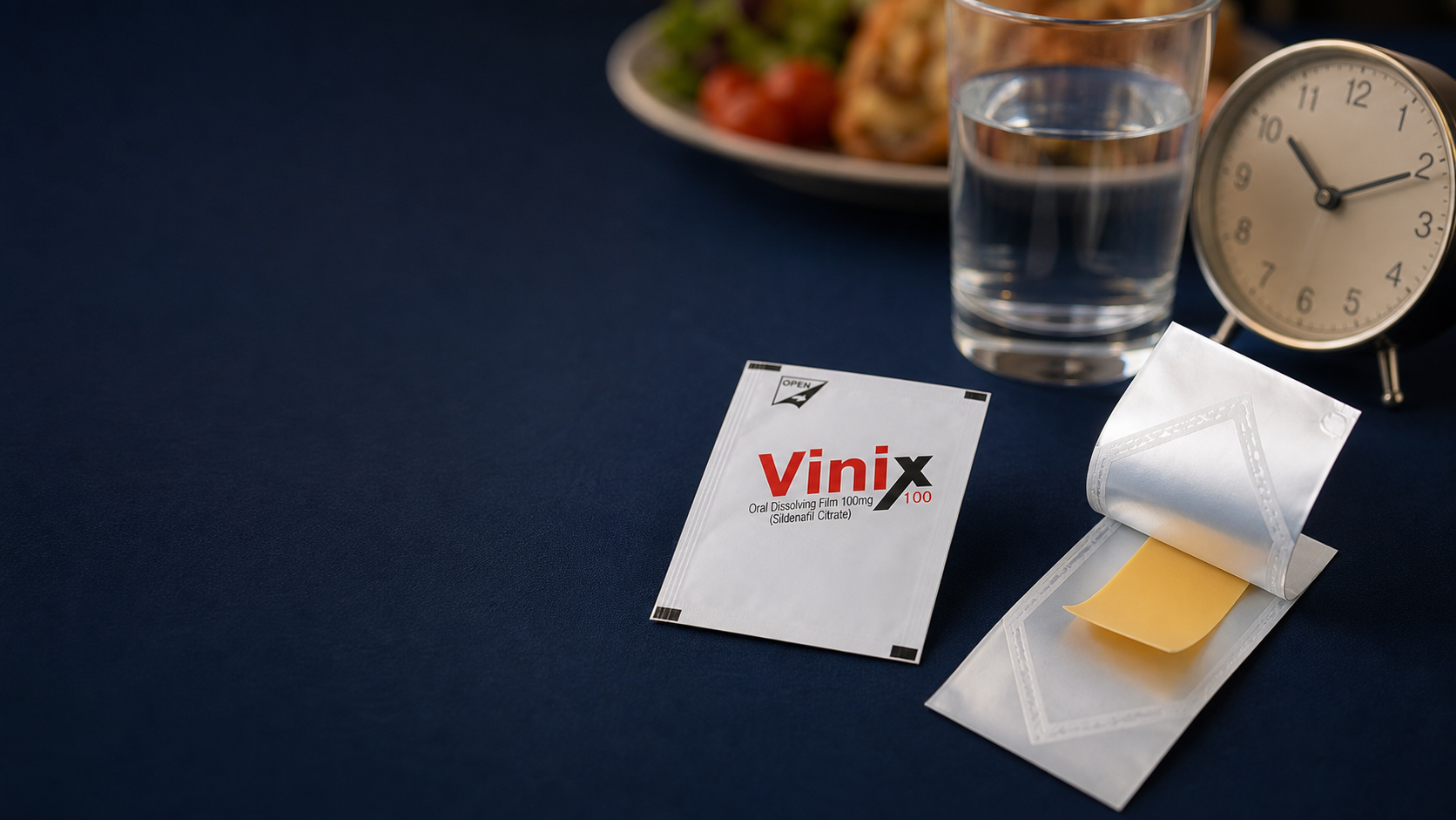 VINIXフィルムと食事・時計を並べた服用条件の確認イメージ